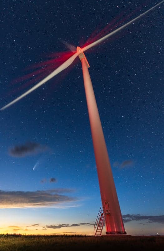 Comet NEOWISE with its bright tail streaking through the night sky