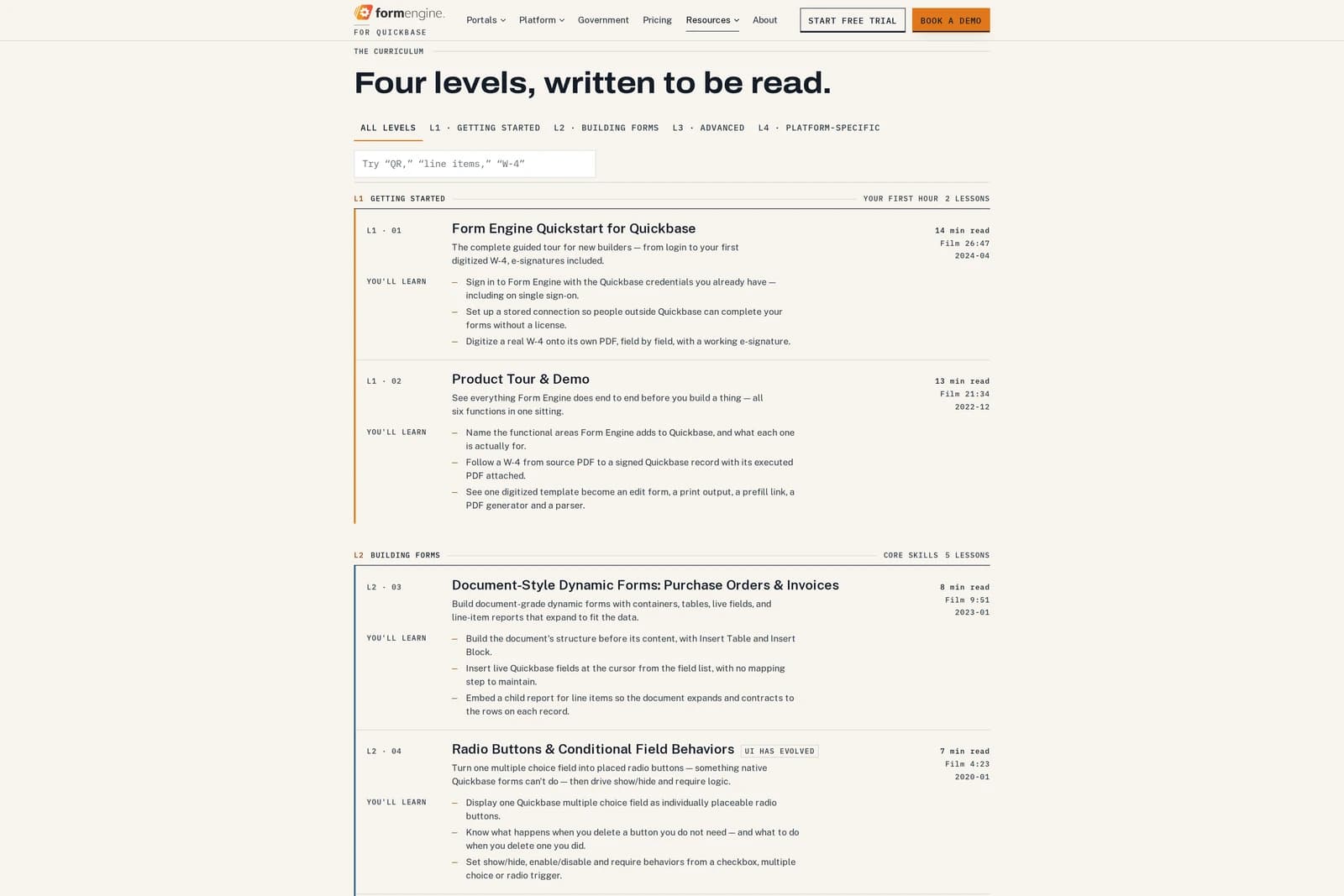 "Four levels, written to be read." — the academy curriculum open at L1 Getting Started, each lesson carrying a read time, the film length it came from, and what you'll learn.