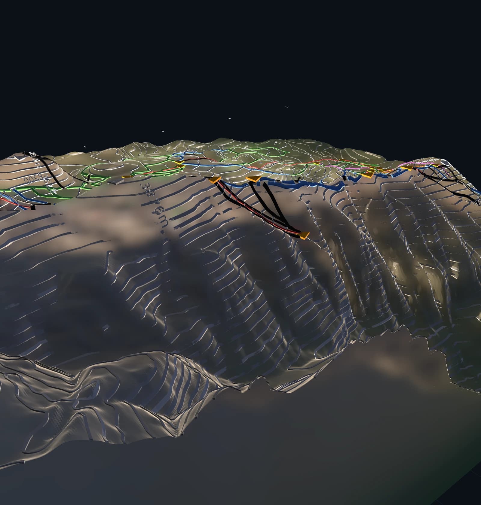 Backlit terrain bake — contour shells and piste ribbons under raking light.