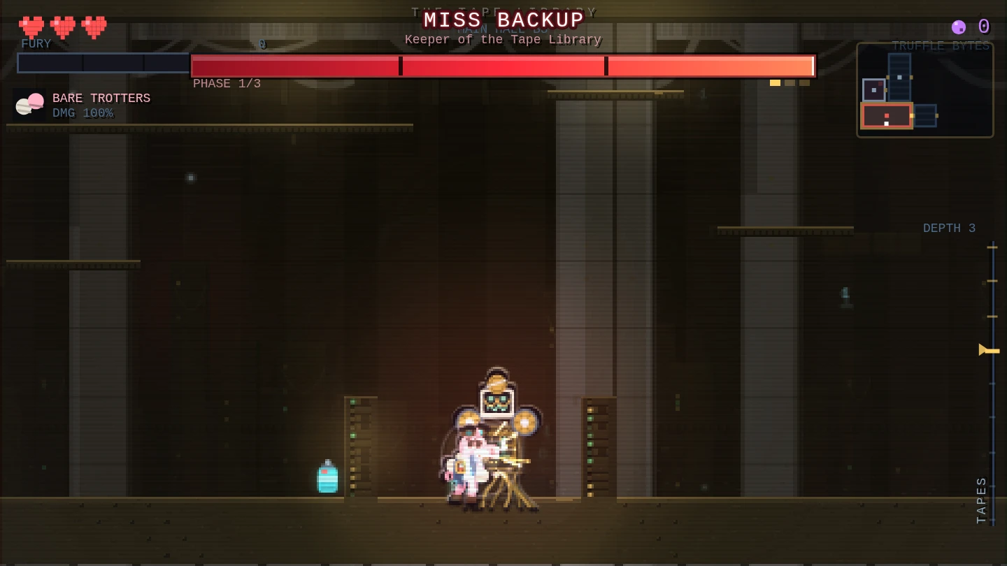 MISS BACKUP, Keeper of the Tape Library, over a three-segment phase health bar.