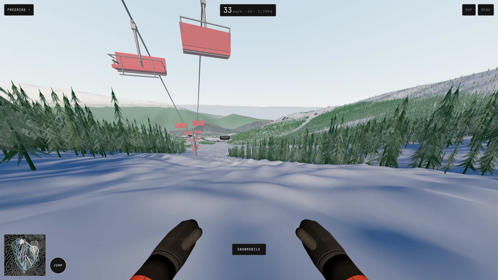 First-person cockpit: gloves, HUD and chairlift chairs passing overhead.