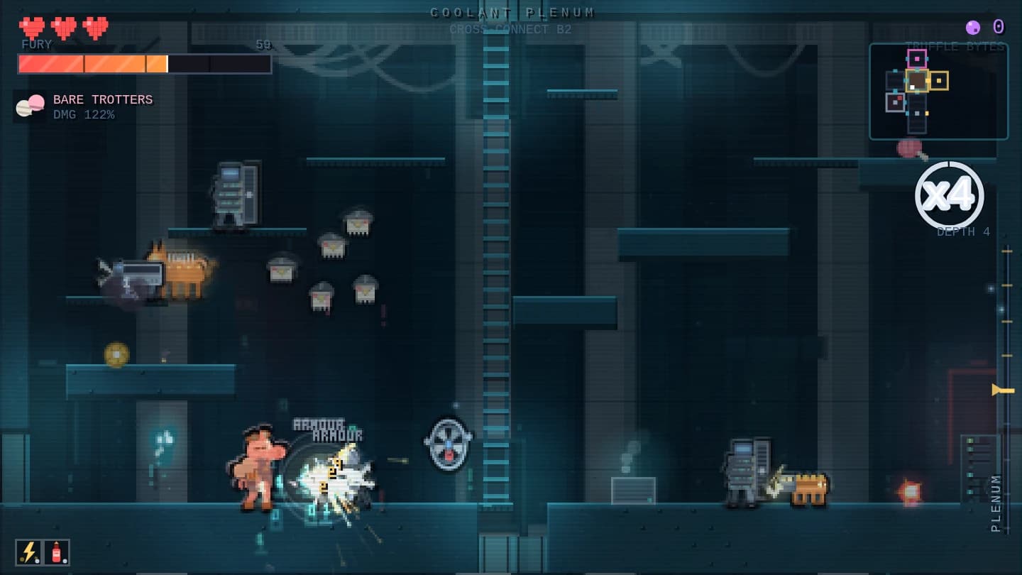 A jab landing on a thermal wolf in the Coolant Plenum, sparks and a ×4 combo ring on screen.