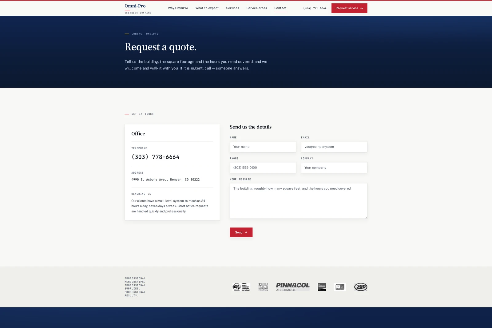 "Request a quote." — the office datum (phone, Asbury Avenue address, 24/7 reachability) beside the quote form.