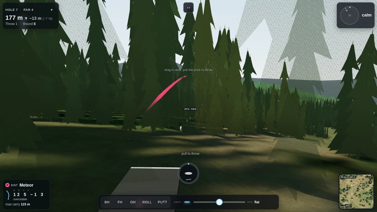 A dense conifer corridor with the throw arc threading the gap