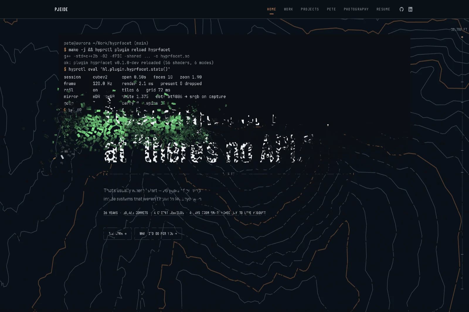 Crumble: a terminal window dissected into falling pieces