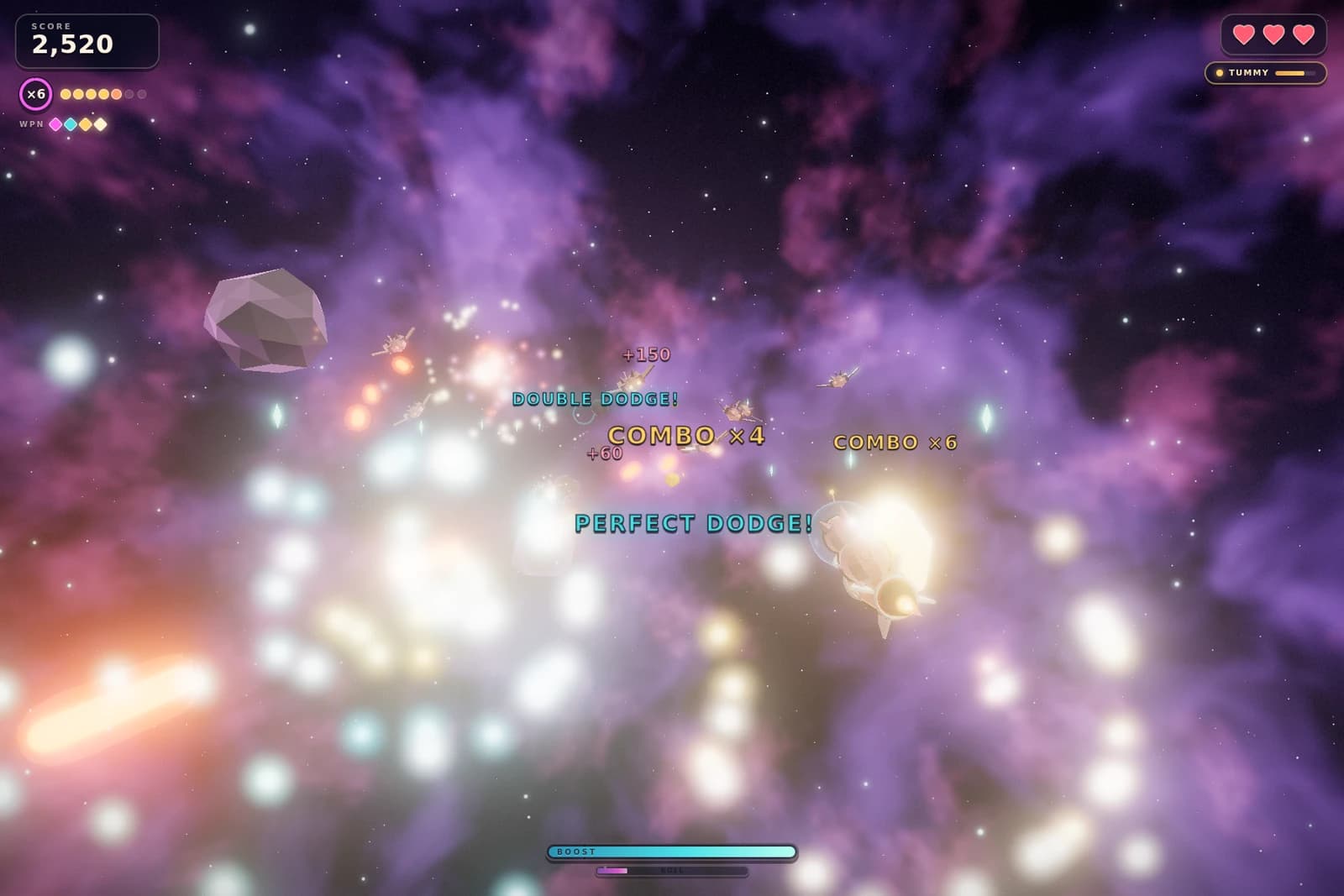 PERFECT DODGE and DOUBLE DODGE callouts after rolling through a wolf burst at ×6 combo.