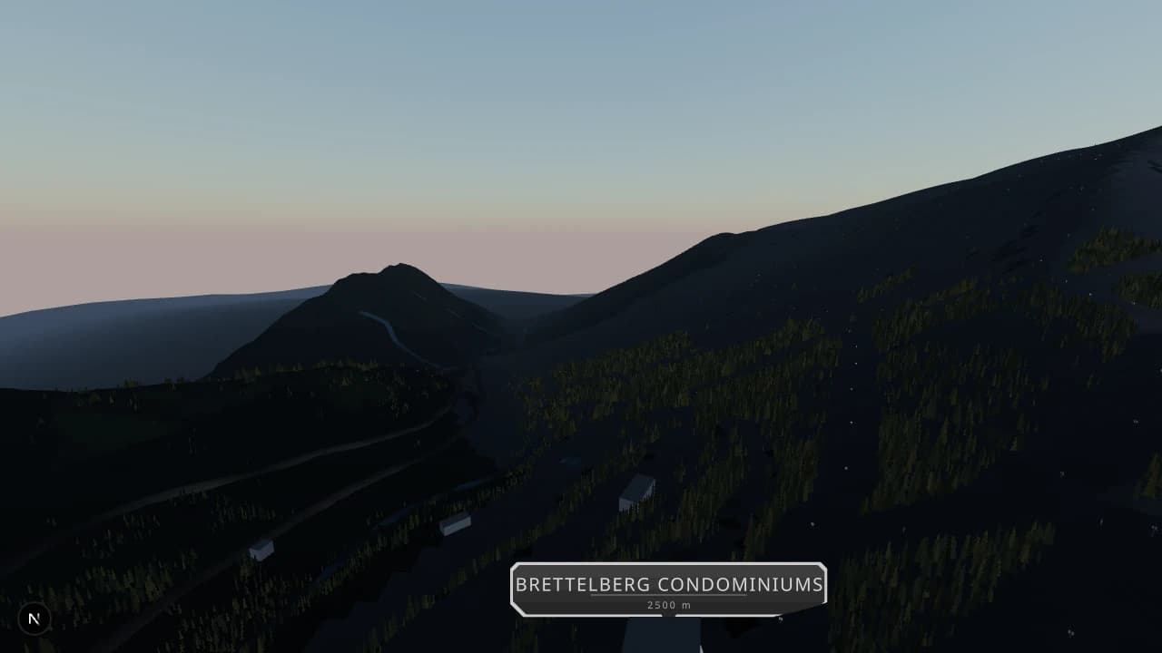 Skiride dusk tour — golden-hour light over the resort valley, rendered in-engine.