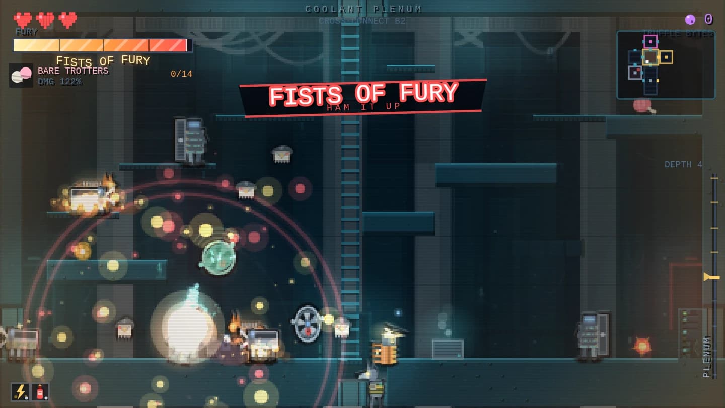 FISTS OF FURY spending the meter — a shockwave through the room with racks burning behind it.