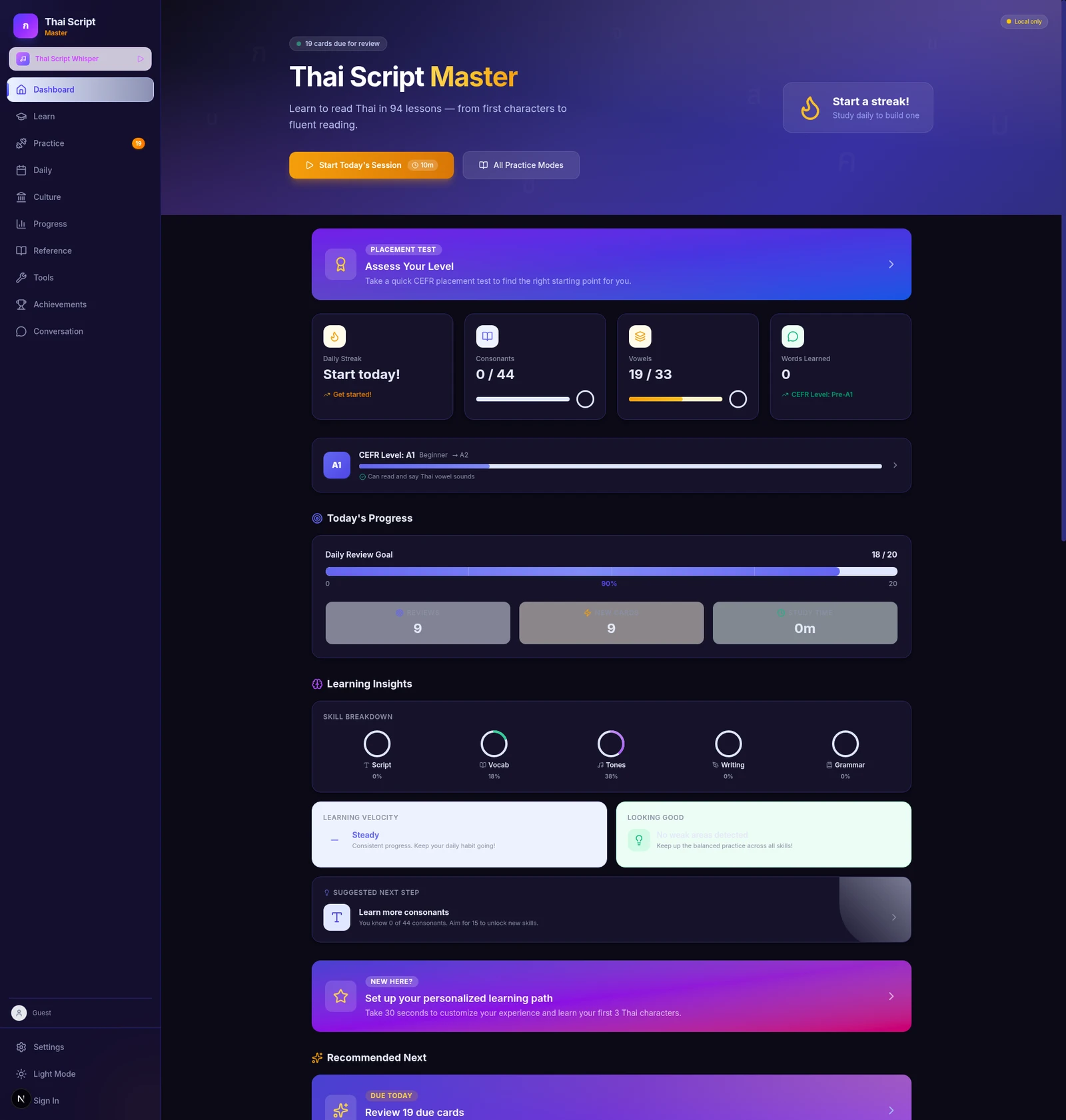 Thai Script Master dashboard — 94-lesson curriculum with consonant/vowel progress, CEFR level, and review queue.