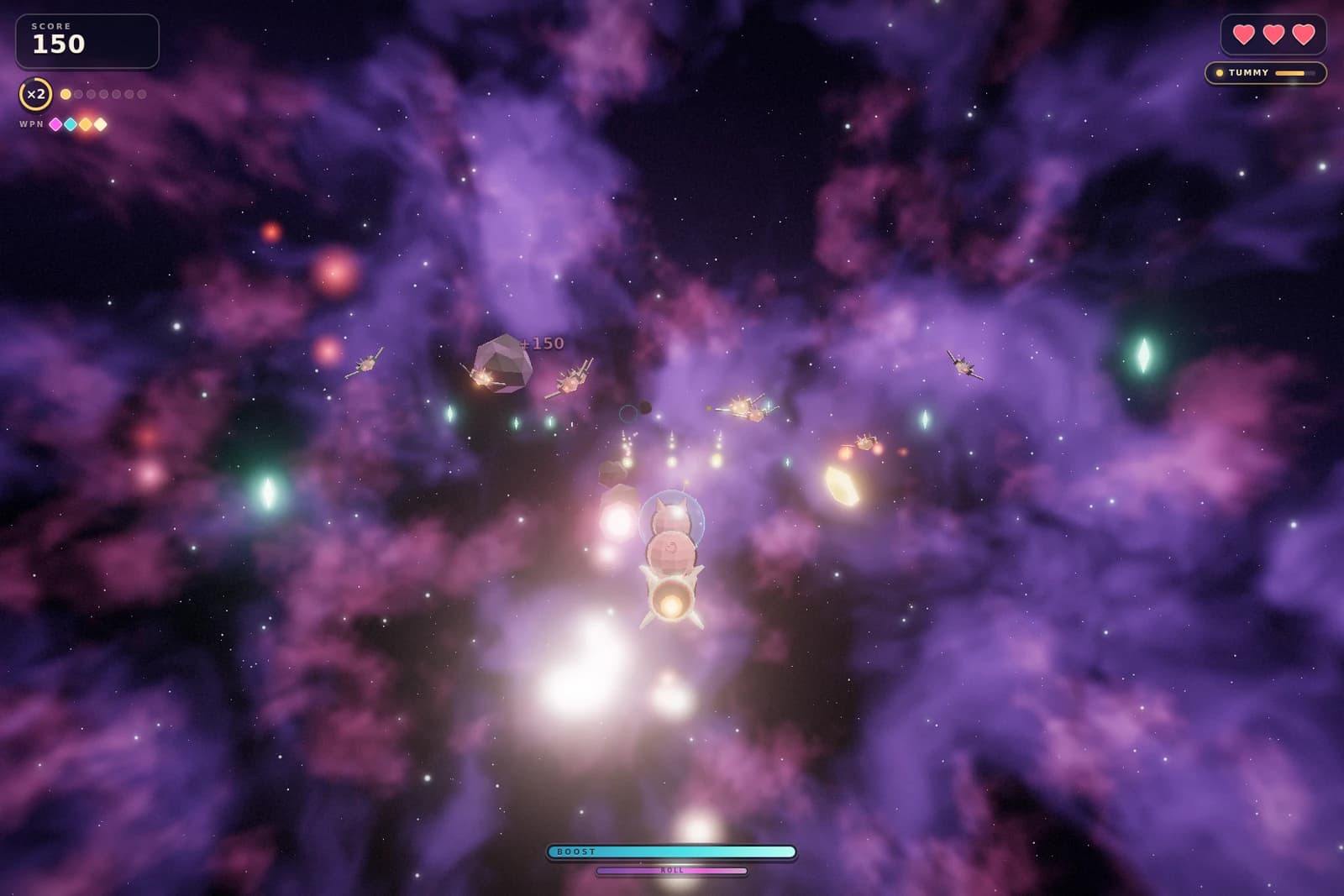 Sector 4 gameplay — a wolf squadron and asteroids down the nebula lane, weapon at Lv4.