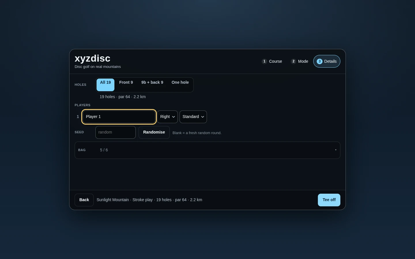 The launcher: holes, players, seed and bag