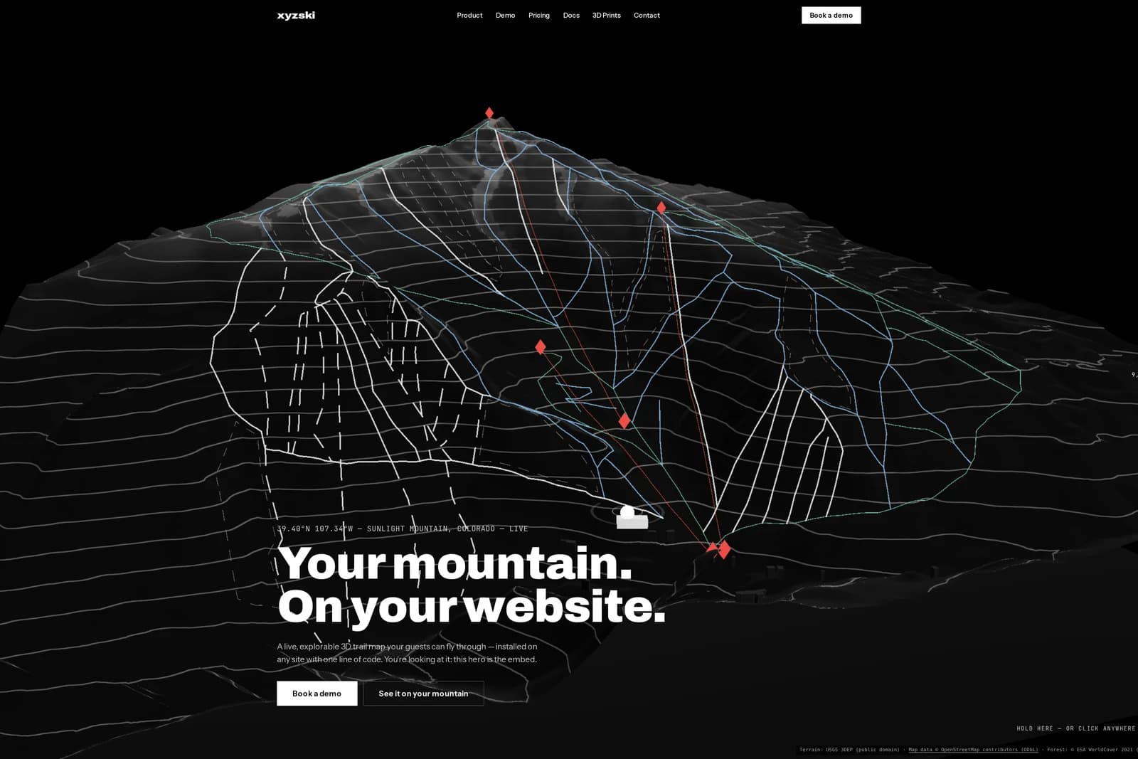 xyzski.com live embed — the 3D trail map hero as served to customer sites.