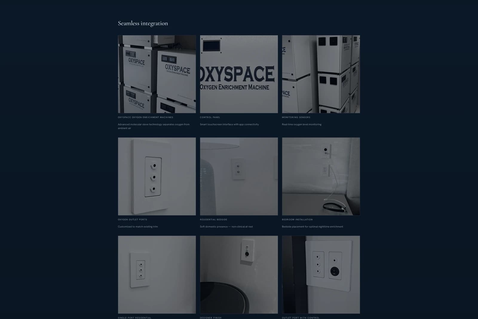 Seamless integration grid — OXYSPACE enrichment machines, the control panel, monitoring sensors, and outlet-port hardware photographed on site.