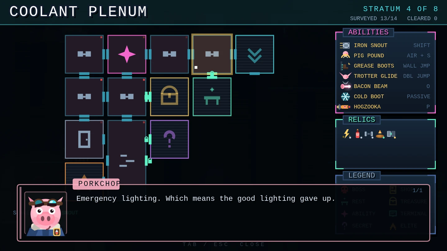 The stratum map for COOLANT PLENUM with the seven-ability rack, relics, and the room-kind legend.
