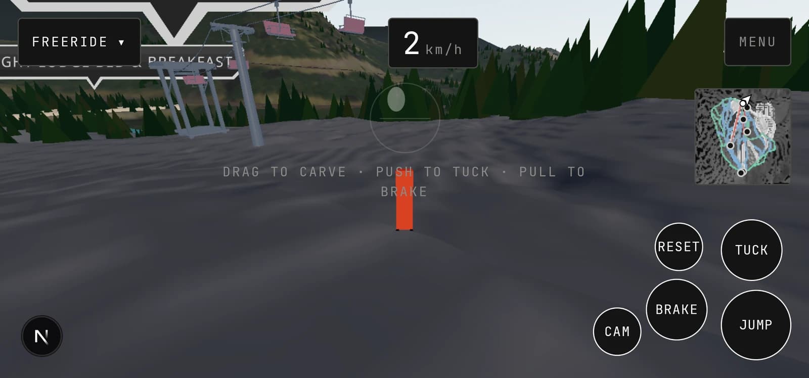 Skiride on a phone in landscape with the RESET/TUCK/BRAKE/CAM/JUMP thumb clusters.