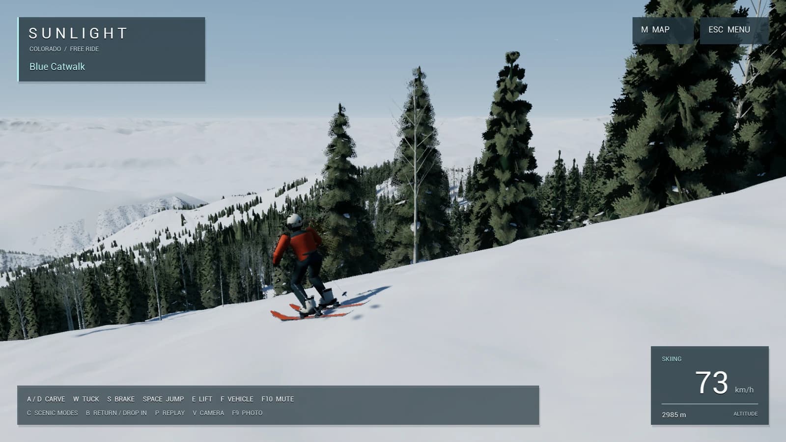 On a blue catwalk at 73 km/h with the HUD