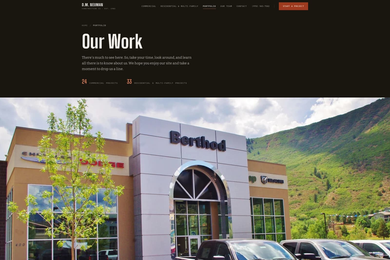 Our Work — 24 commercial and 33 residential & multi-family projects, opening on the Berthod Motors dealership facade.