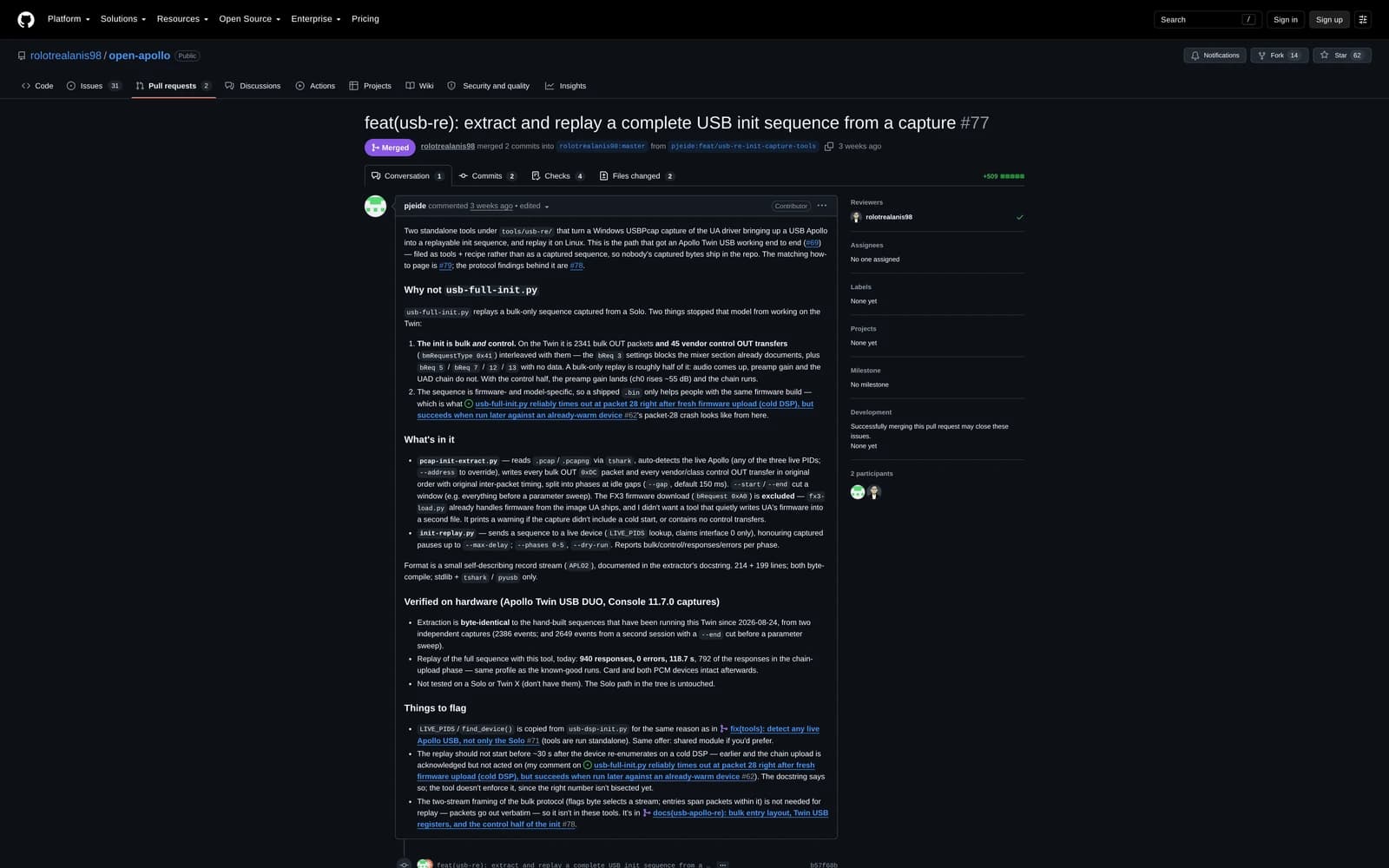 The init-replay pull request with its evidence-first description