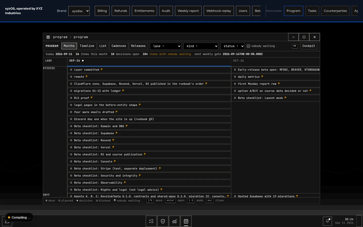 xyzOS Program window with lanes and task cards