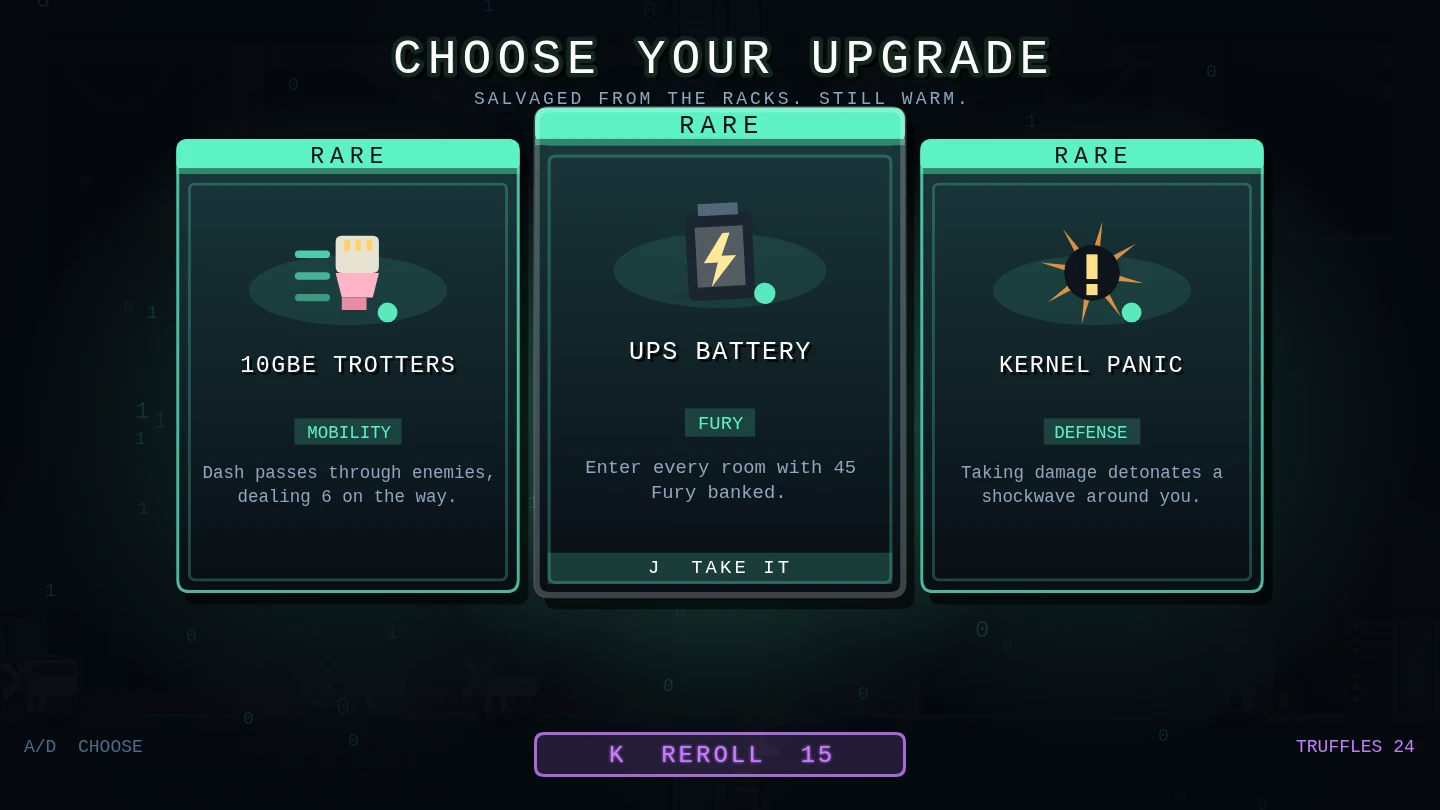 CHOOSE YOUR UPGRADE — three rare relics (10GBE TROTTERS, UPS BATTERY, KERNEL PANIC) with a reroll option.