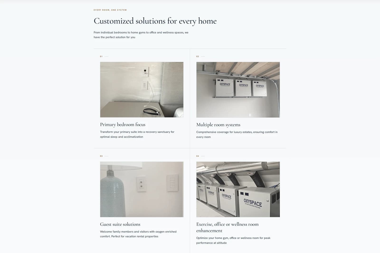 Customized solutions for every home — install cards for the primary bedroom, multiple-room systems, guest suites, and wellness rooms.