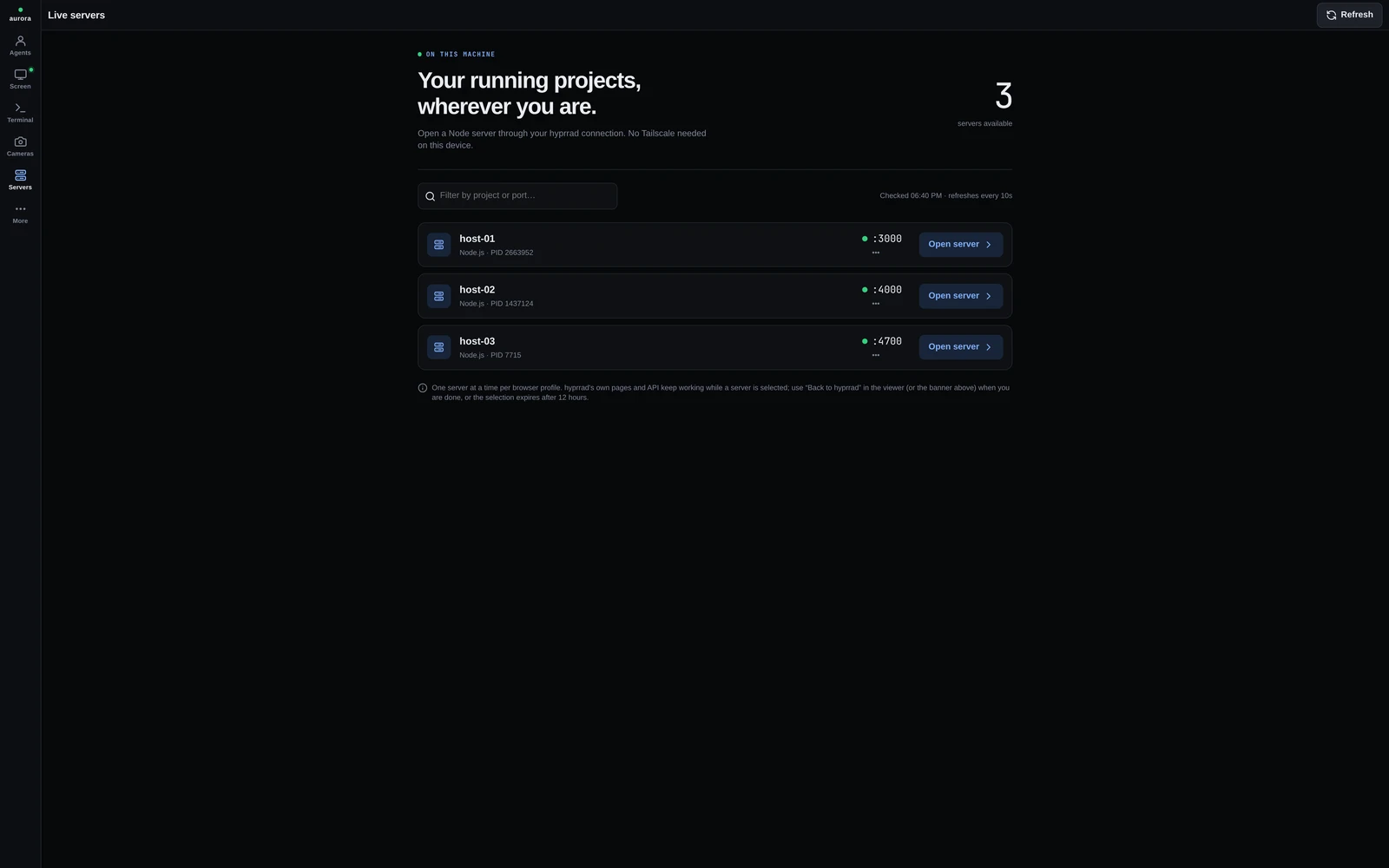 Servers view listing live local servers behind the gateway
