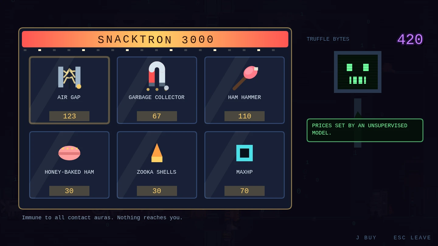 The SNACKTRON 3000 shop — six items priced in truffle bytes with a vending-machine attendant.