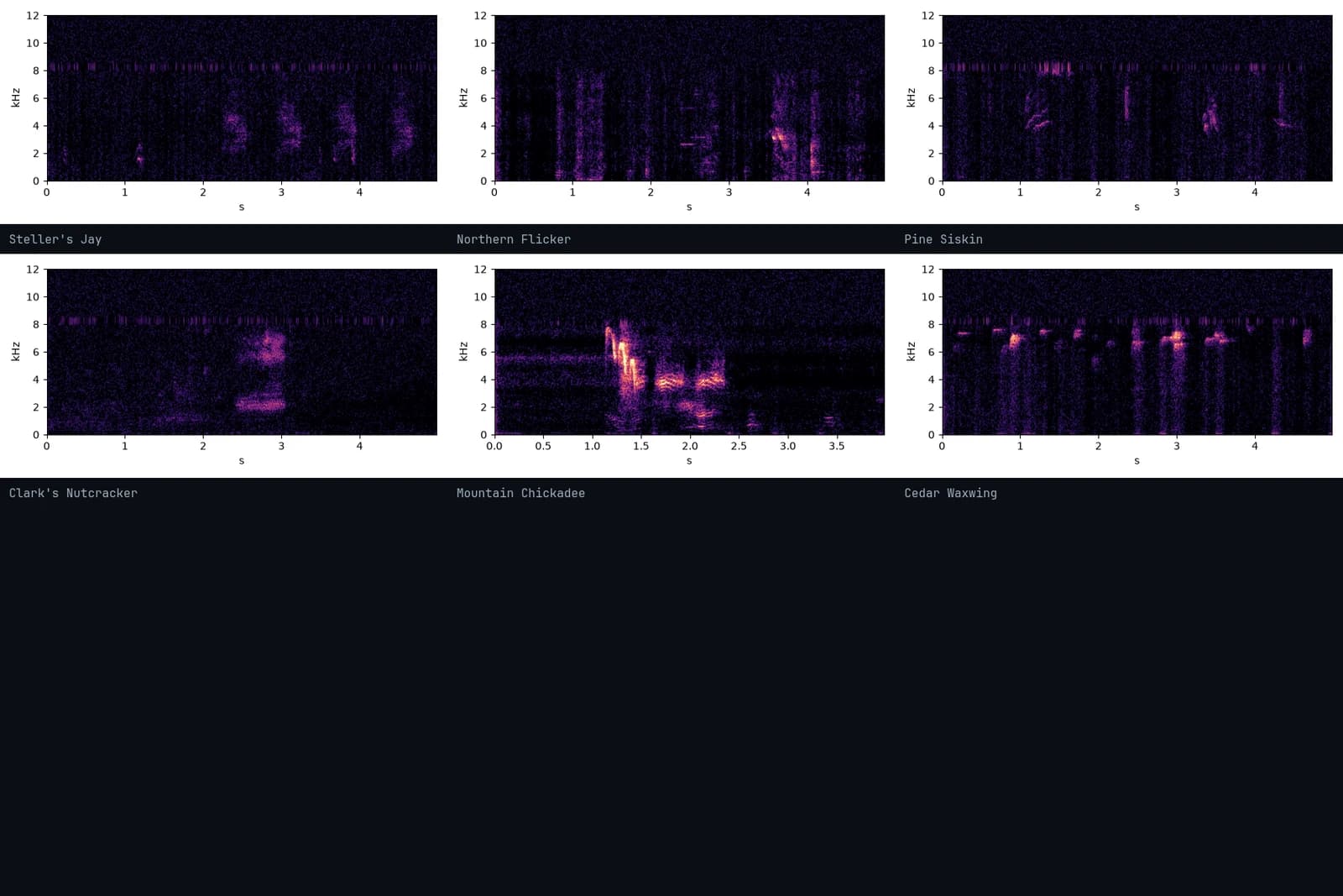 Six spectrograms of gated clips with species names