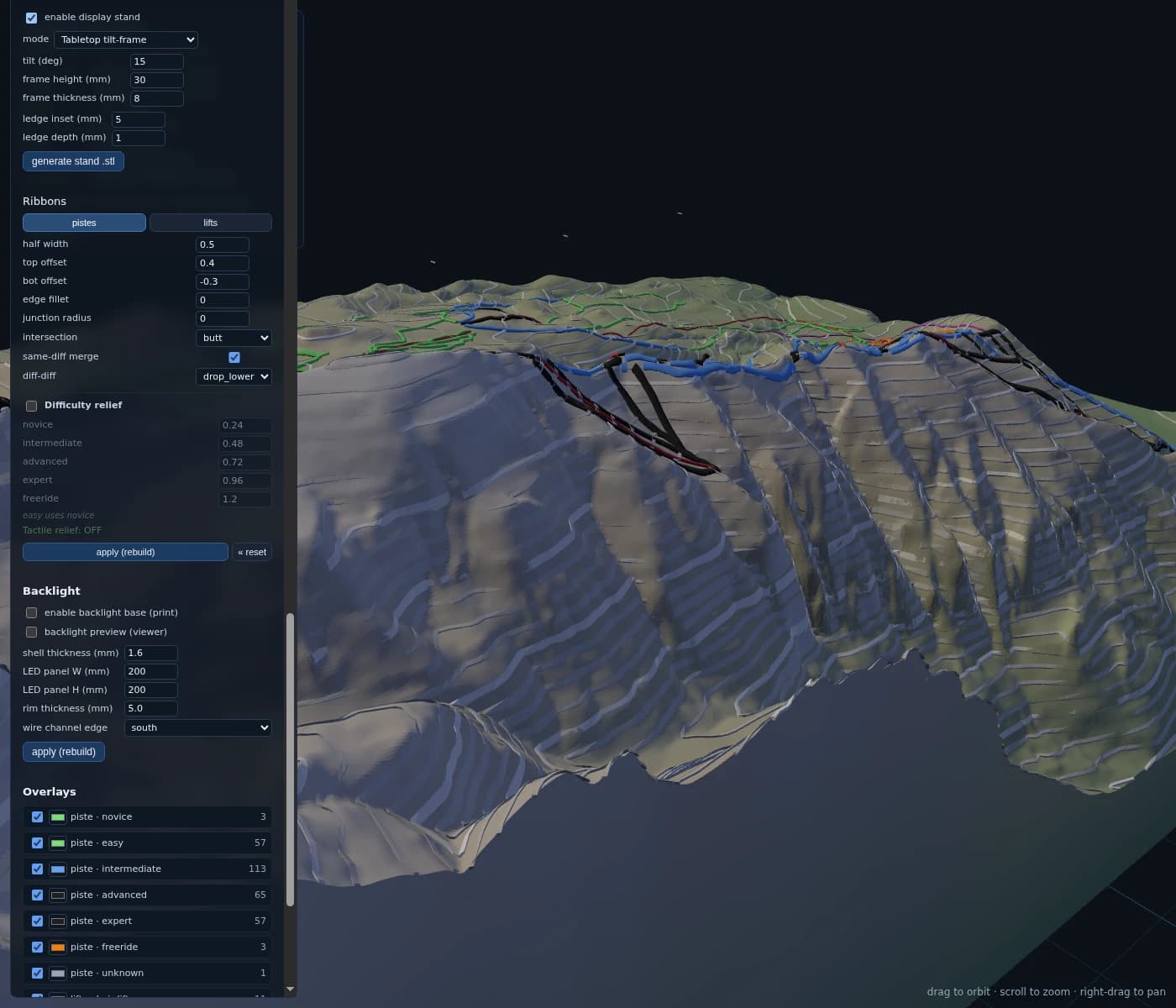 The bake tool UI — display-stand generator, ribbon parameters, and per-difficulty overlay toggles.