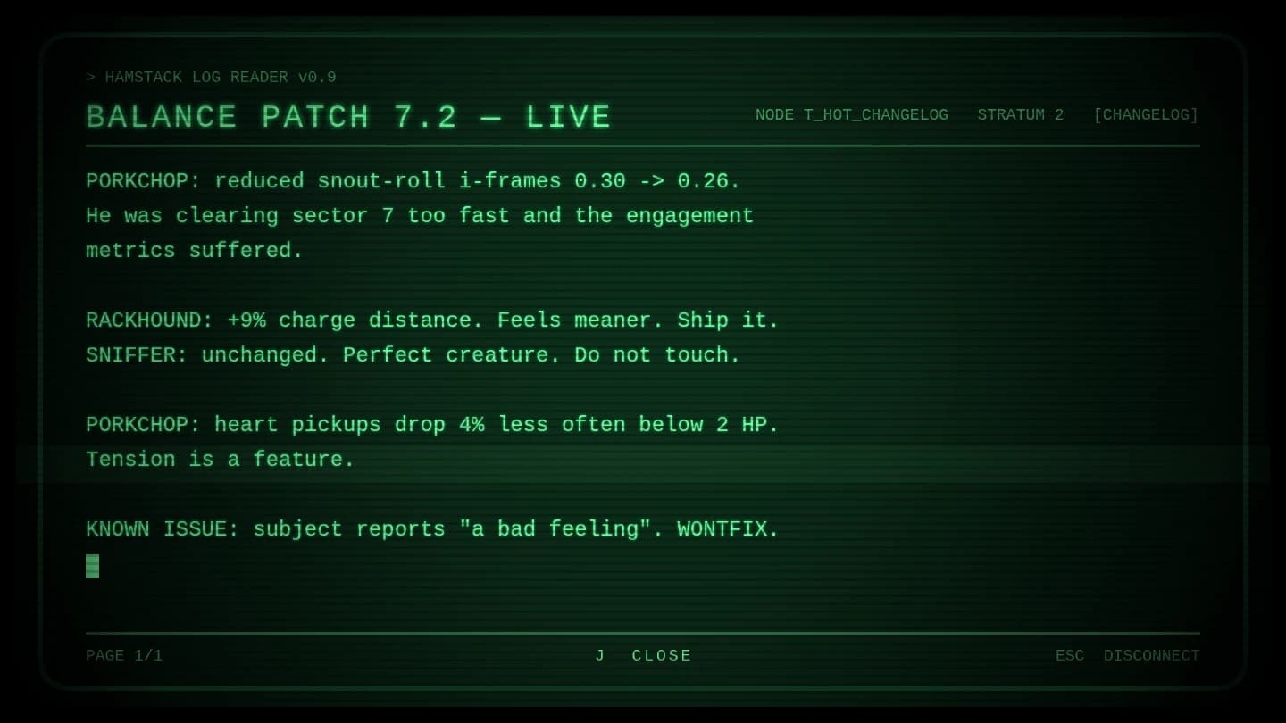 A Hamstack log reader showing BALANCE PATCH 7.2 — patch notes nerfing the player's own snout-roll i-frames.