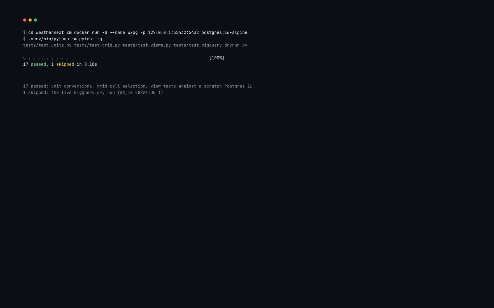 The test run output