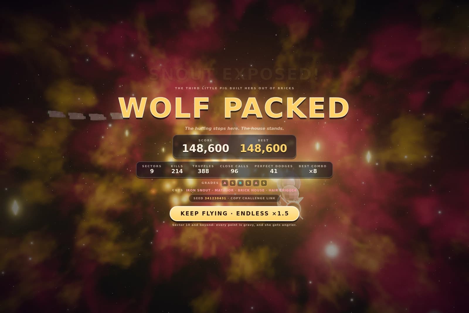 The WOLF PACKED victory card with the full run report — sectors, kills, grades, cuts, and the seed.