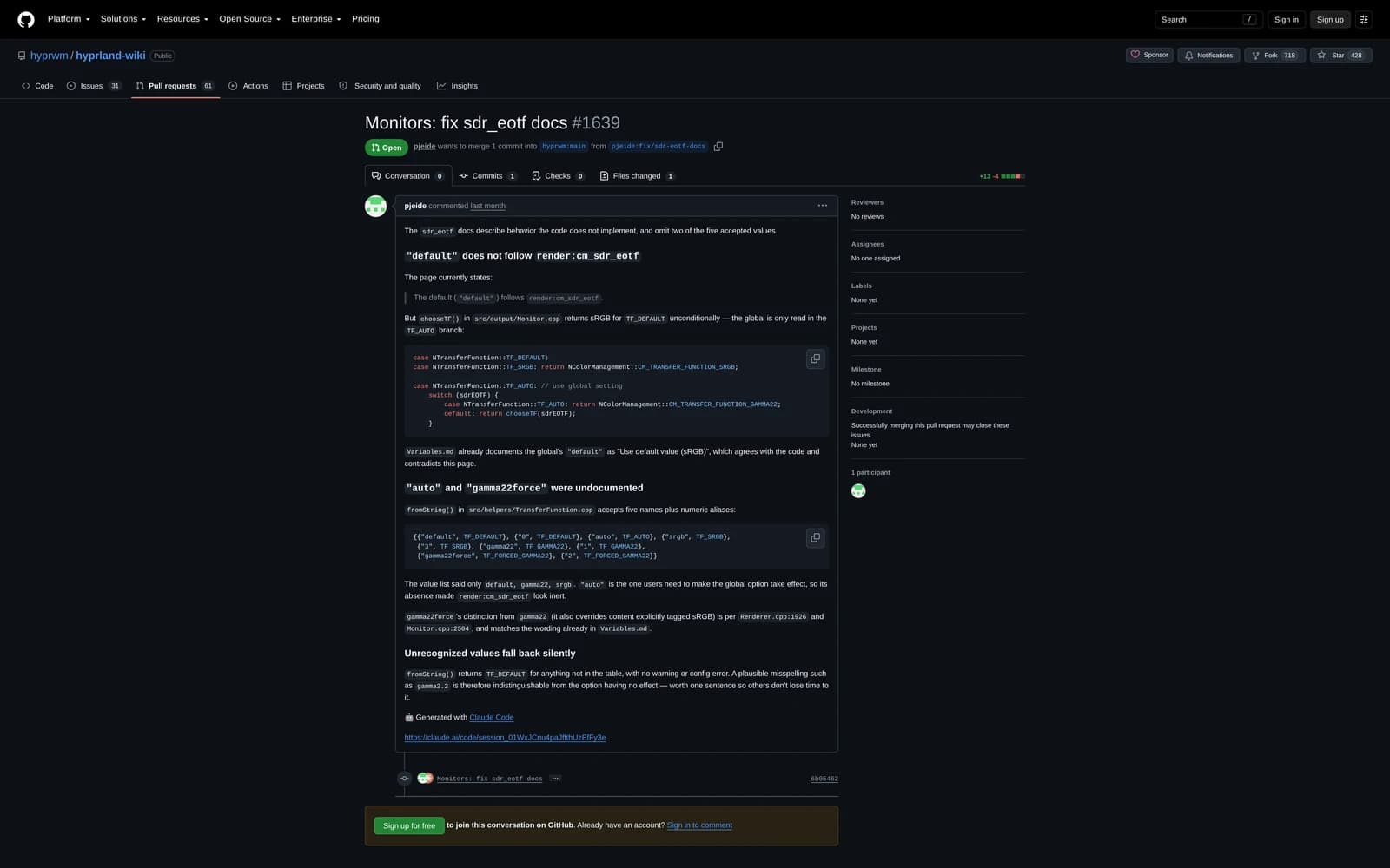 Open wiki pull request correcting the sdr_eotf documentation
