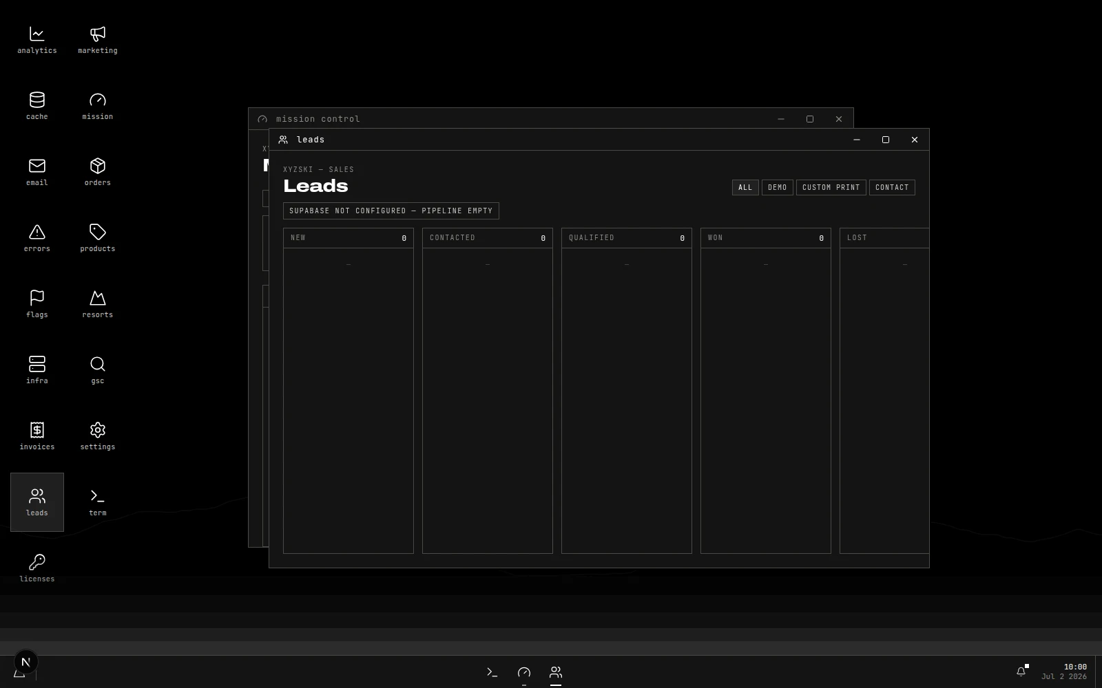 xyzOS admin — windowed mission-control desktop with the sales leads board open.