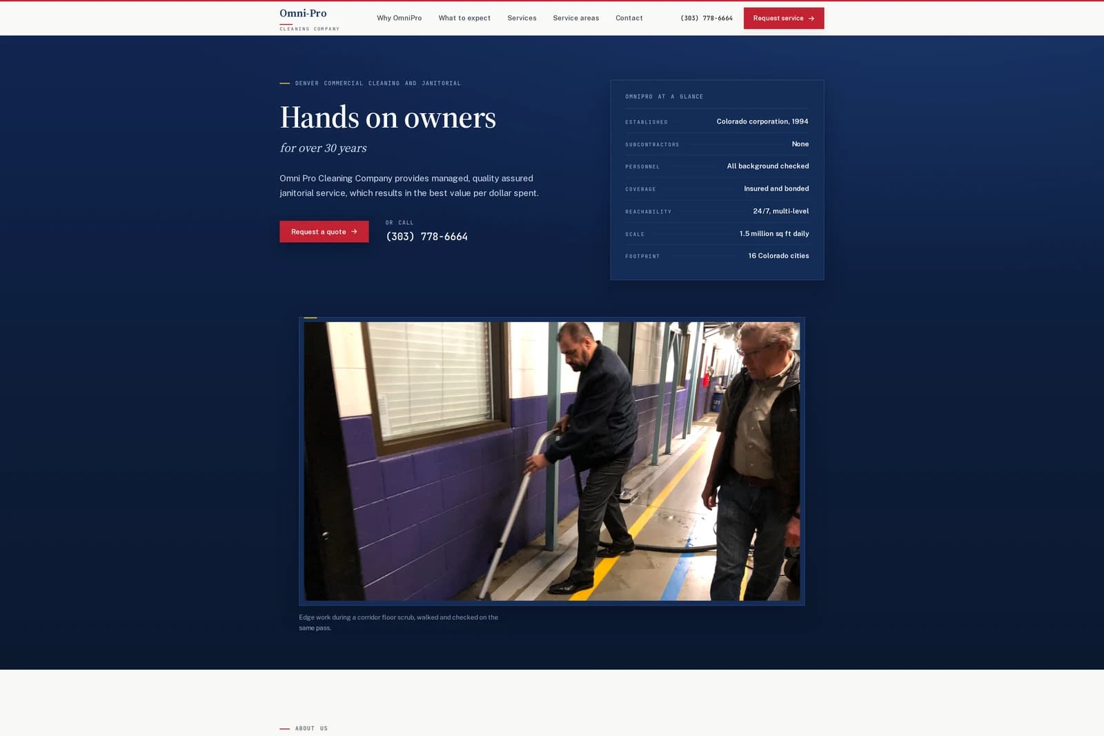 OmniPro rebuild cover sheet — "Hands on owners, for over 30 years" beside the at-a-glance register (established 1994, subcontractors none, 1.5 million sq ft daily) on deep navy.