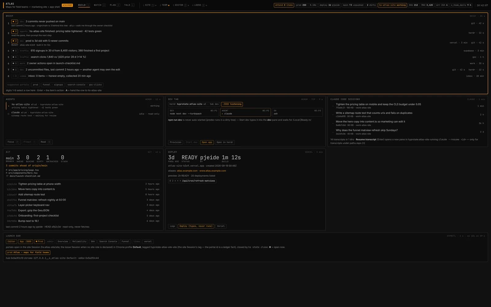 A hyprstate State page: ranked brief with postures, agents panel, dev tab and git instrument