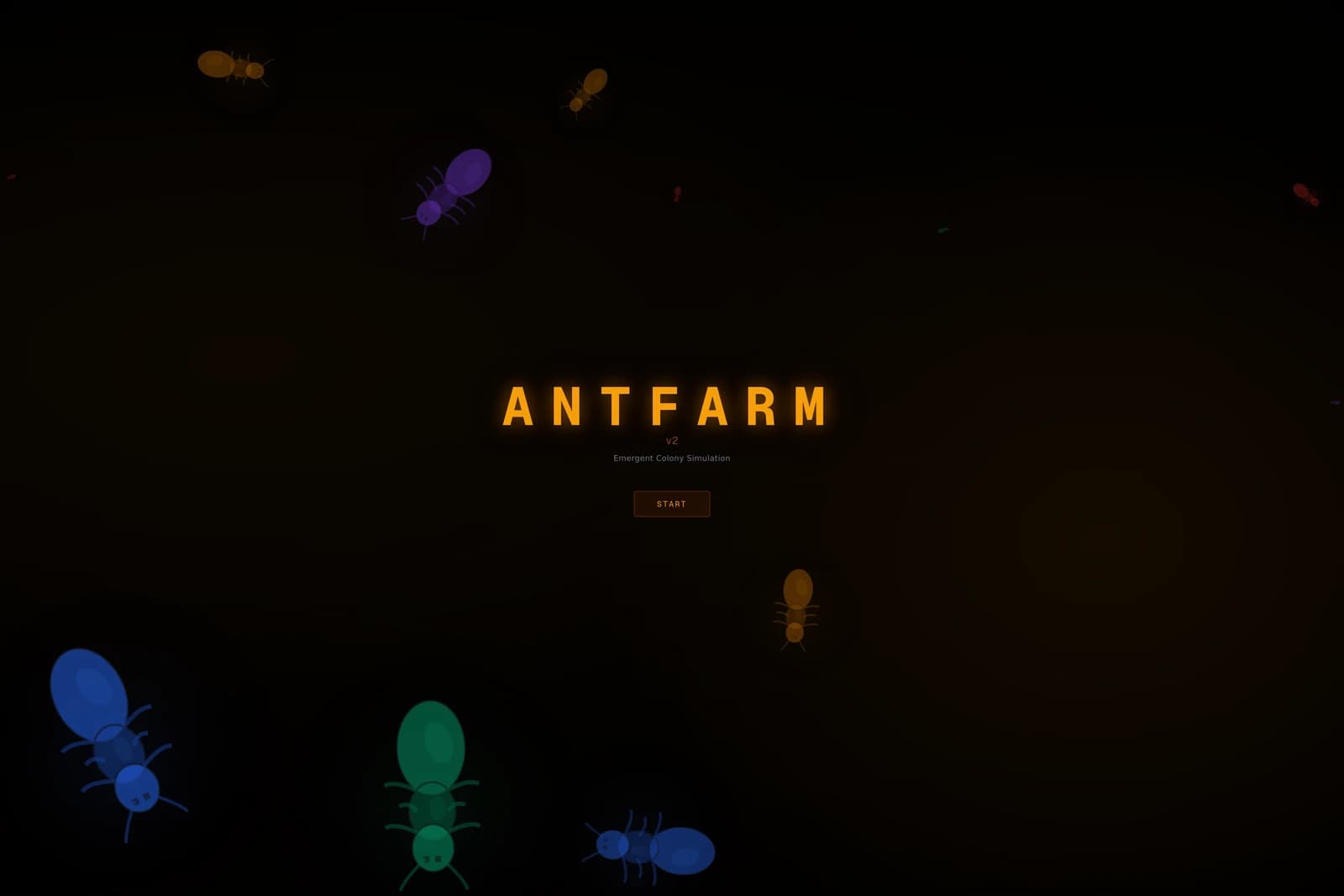 Antfarm v2 title screen — glowing colony ants around the start control.