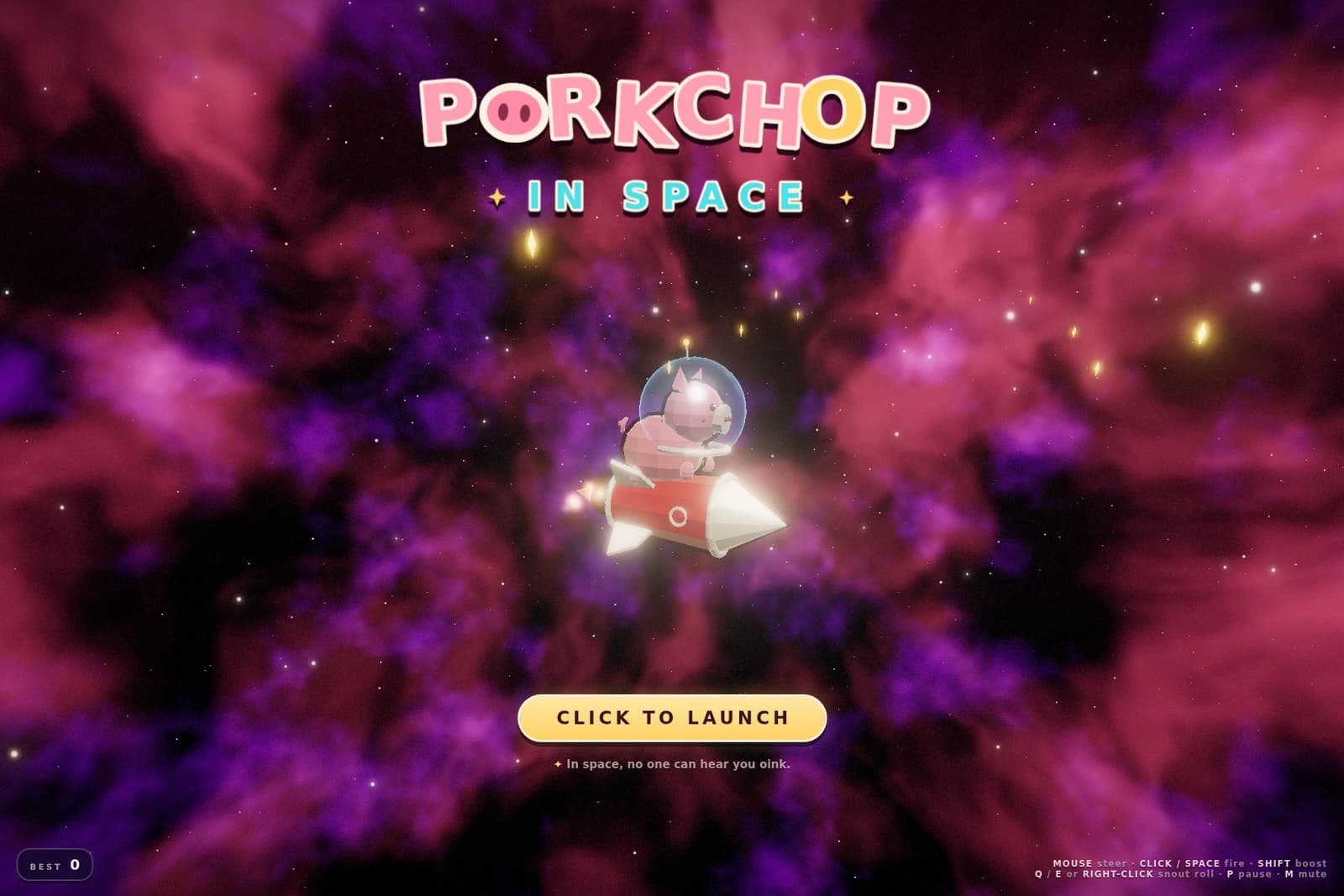 Porkchop in Space title screen — the helmeted pig riding a rocket through a magenta nebula, "CLICK TO LAUNCH".
