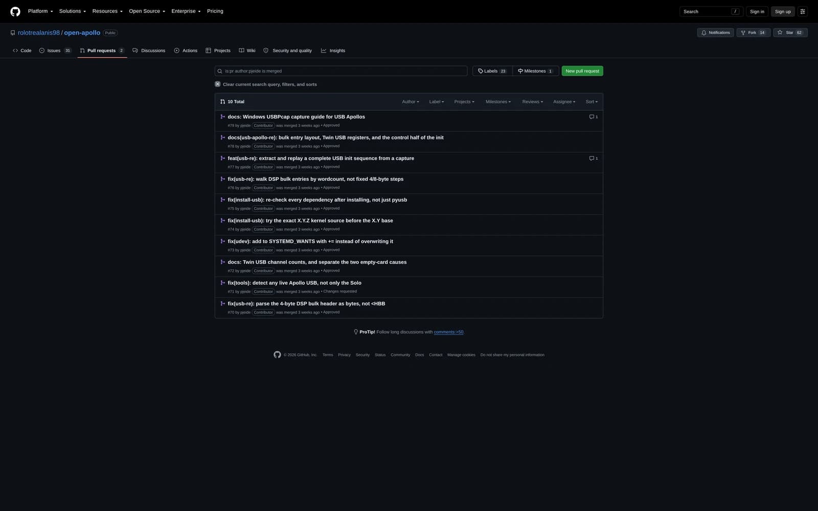 The merged pull request list on the upstream repository, all ten by the same author