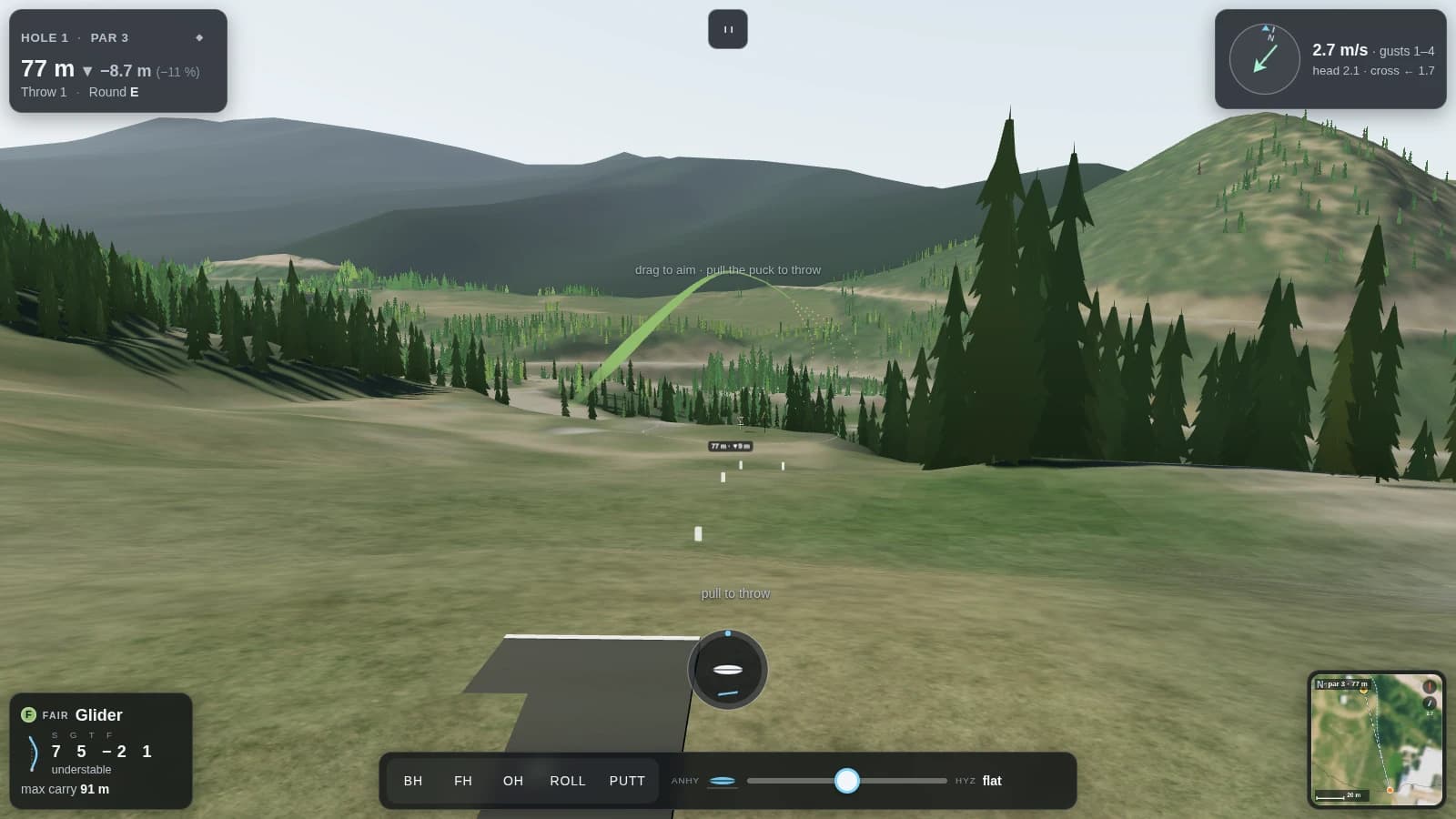 xyzdg.com: the tee view on hole 1 with the HUD, ghost arc and disc card