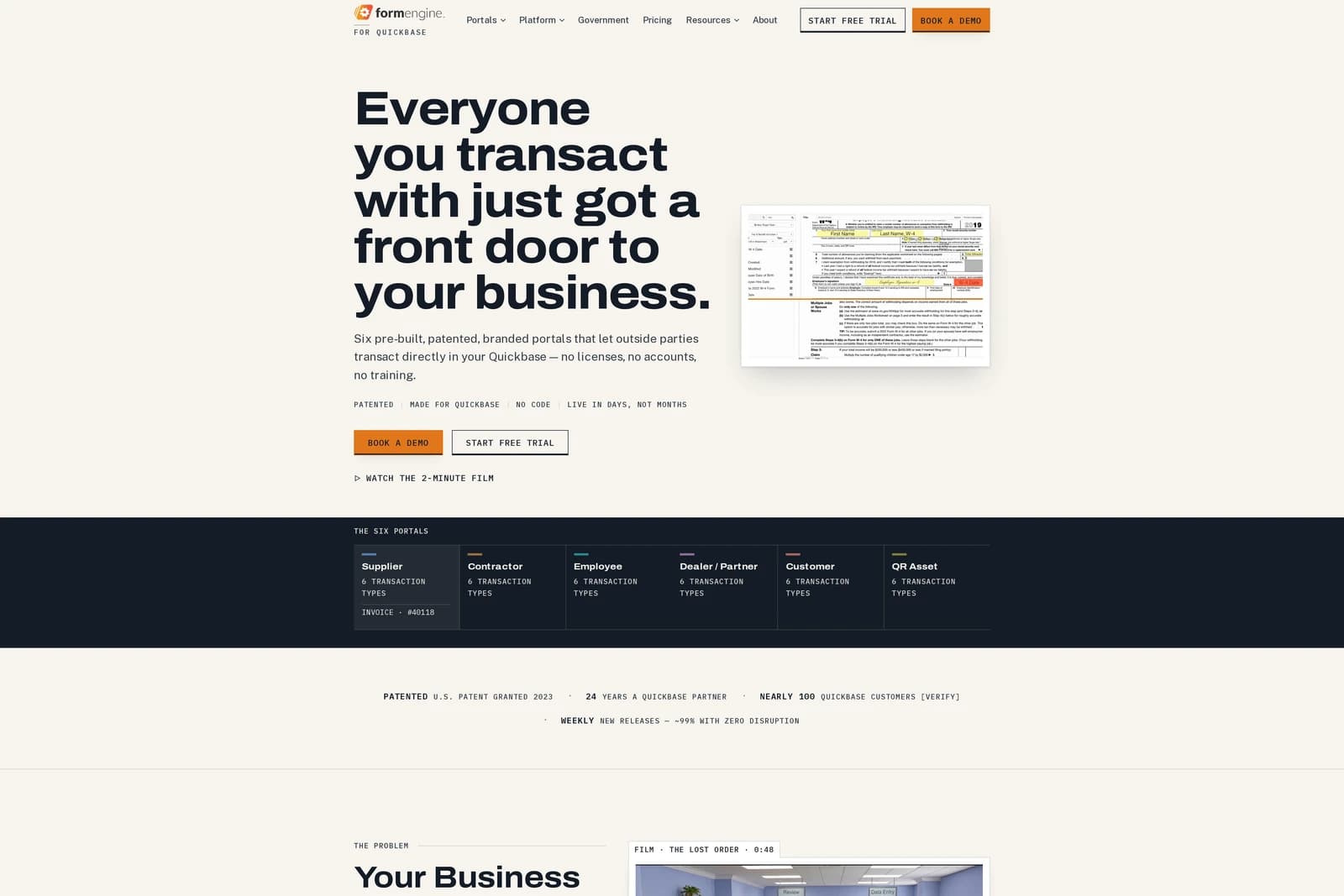 Form Engine rebuild homepage — "Everyone you transact with just got a front door to your business." beside a digitized W-4 on a specimen plate, over the six-portal band and the patented · 24-years-a-partner proof strip.