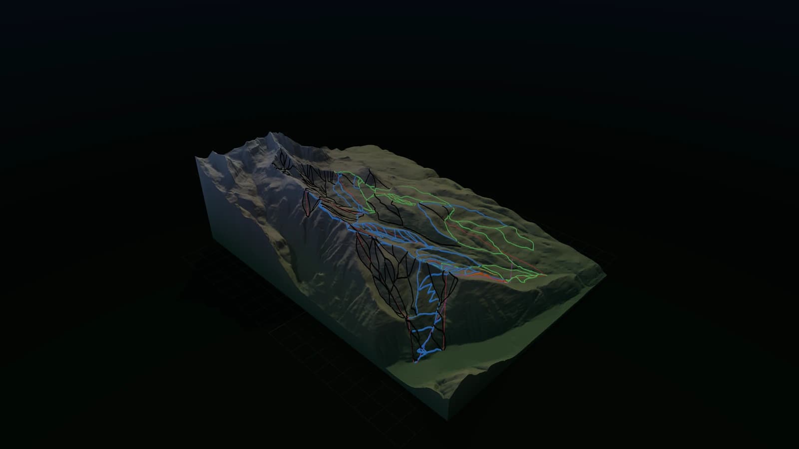 Watertight multicolor STL bake of Sunlight Mountain with piste and lift ribbons, rendered from the Mountain Models pipeline.