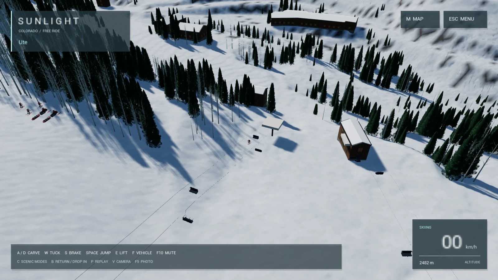 The Sunlight base area in Unreal, overhead, with the HUD