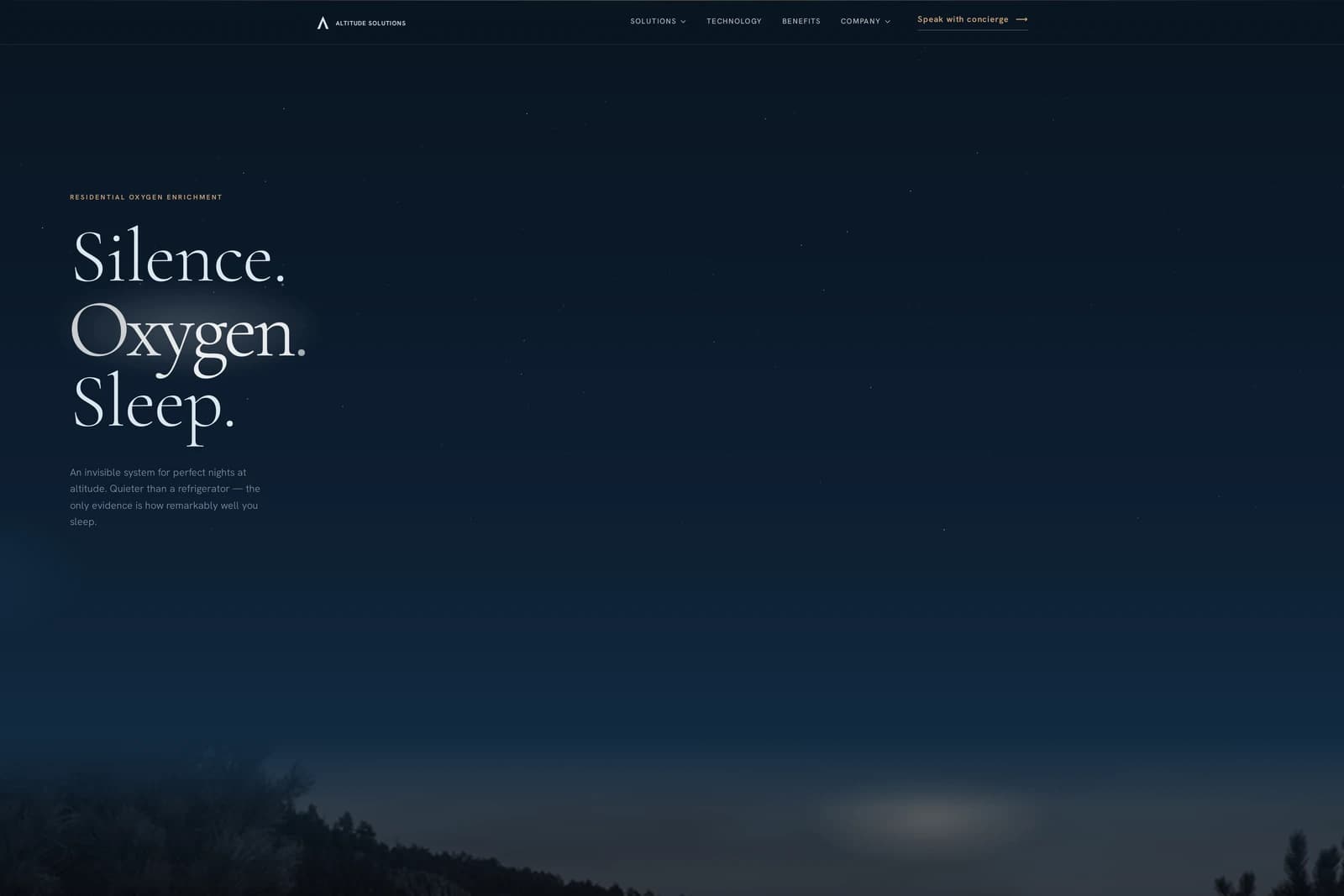 Altitude Solutions homepage — "Silence. Oxygen. Sleep." over a night-sky ridge line.