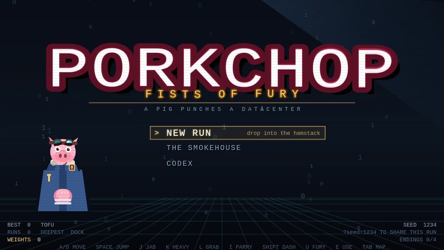 Porkchop: Fists of Fury title screen — "A PIG PUNCHES A DATACENTER" over the NEW RUN menu, with the pig in overalls beside it.
