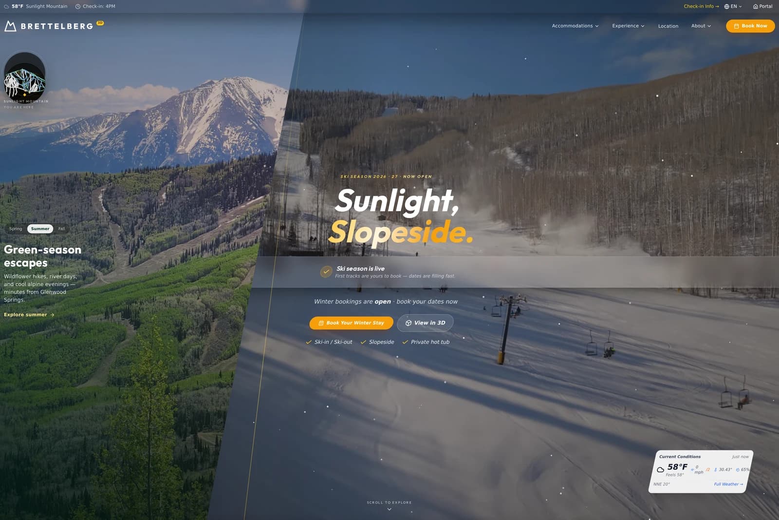 brettelberg.com homepage — split summer/winter hero with live conditions readout, 58°F at Sunlight Mountain.