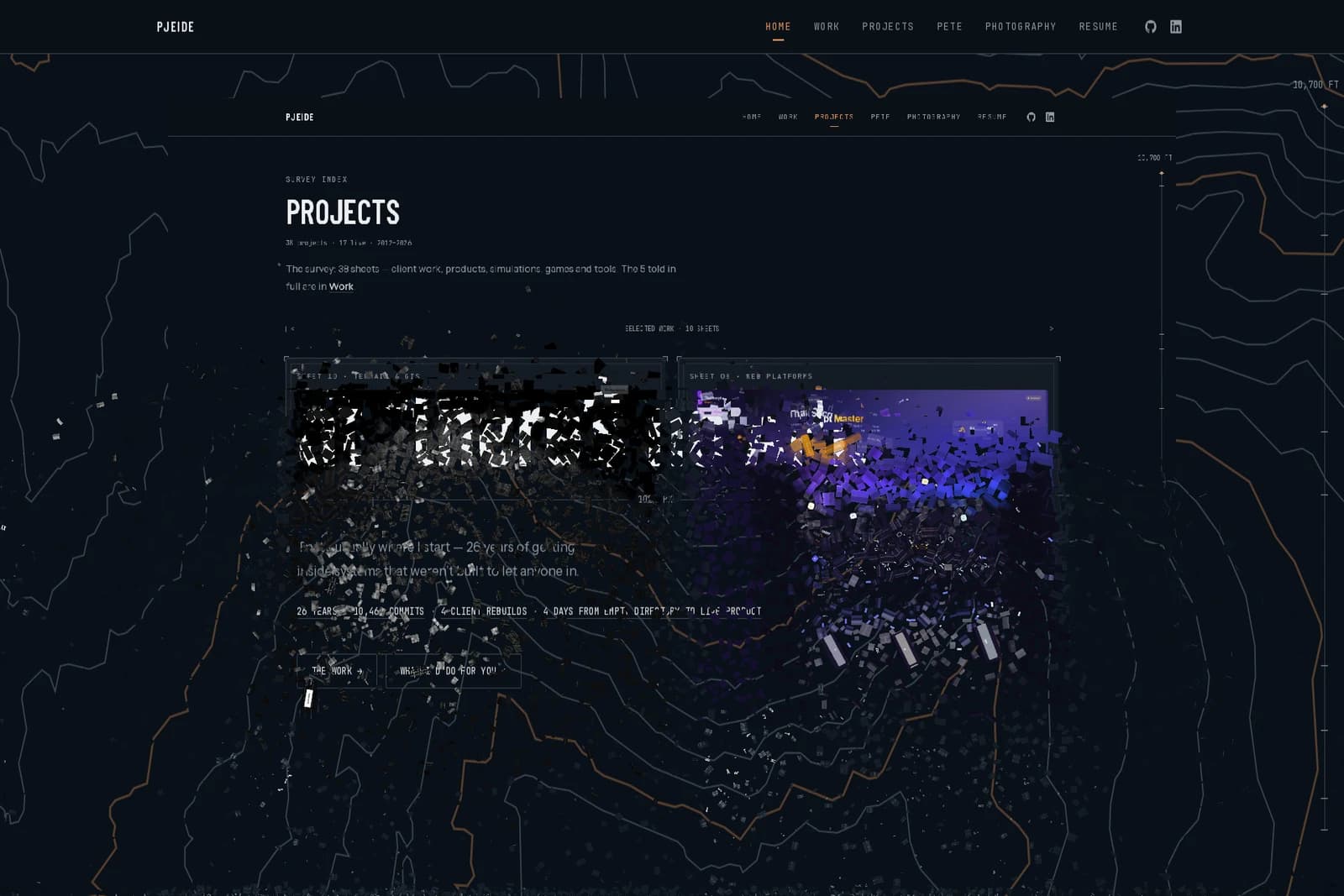 A browser window mid-collapse into thousands of slabs and glyphs over the desktop