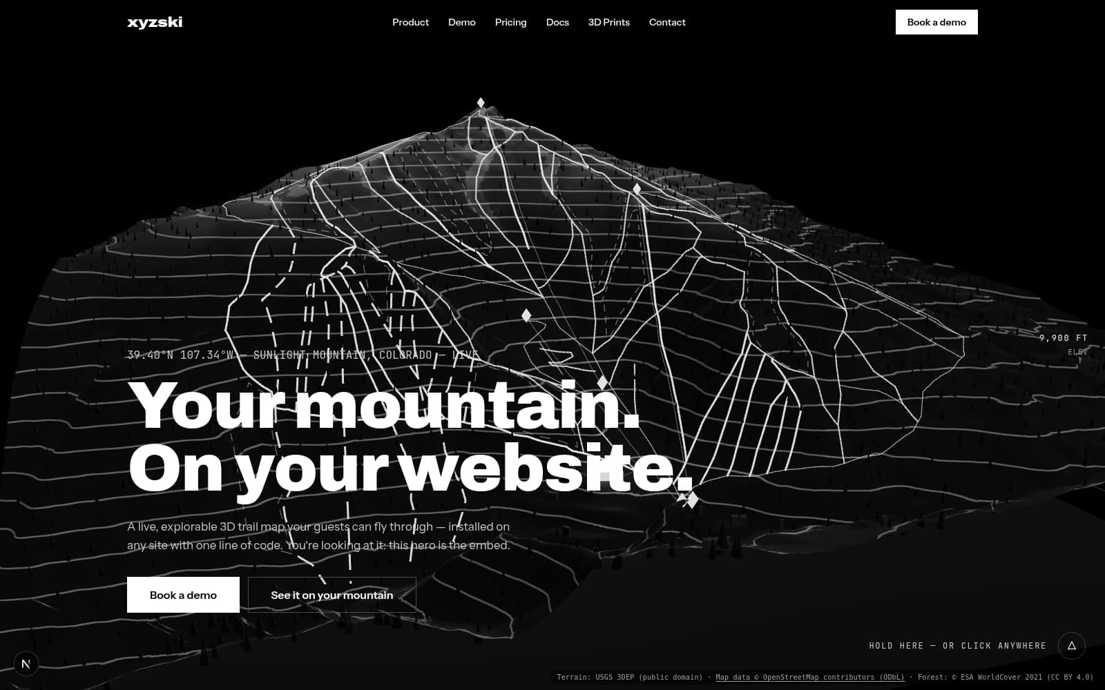 xyzski.com hero — the live embeddable 3D trail map of Sunlight Mountain, "Your mountain. On your website."