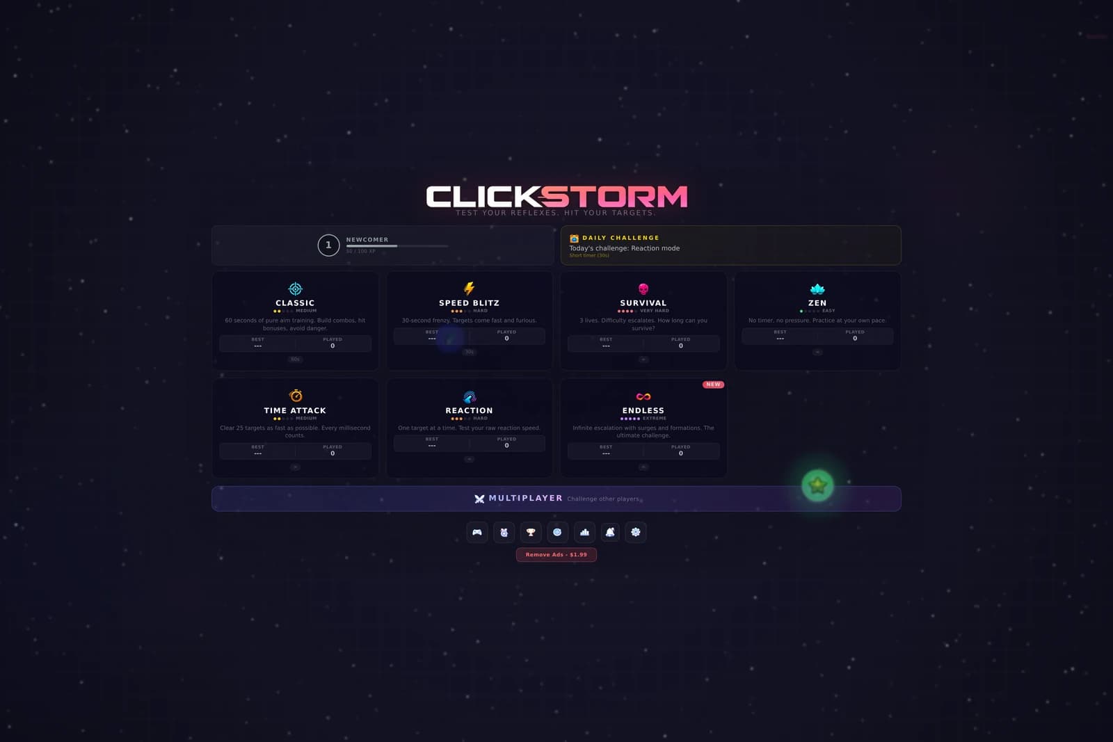 Clickstorm main menu — seven game modes with best-score ledgers and the daily challenge.
