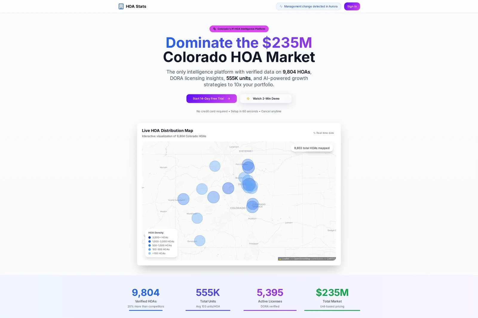 HOA Stats landing page — live distribution map of 9,804 Colorado HOAs with market stat strip.